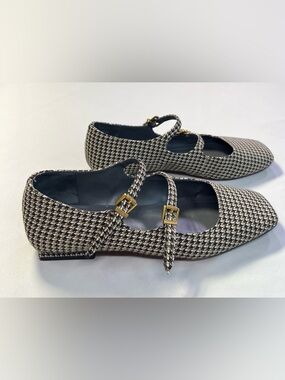 Franco Sarto Tayana Houndstooth Mary Jane Flats with Gold Buckles - 9 - Like New
